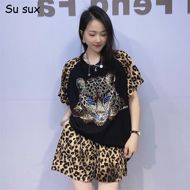 

Tiger Head Leopard Patchwork Oversized Short Pant Sets 2 Pieces Woman 2025 New Short Sleeve T Shirt Outfits Vestidos Streetwear