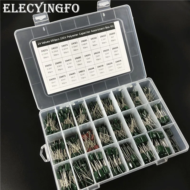 24Value 660pcs Mylar capacitor kit 100V 2A221J to 2A474J 10nF 100nF 0.1uF 1uF Polyester Film capacitor Assorted Kit with box