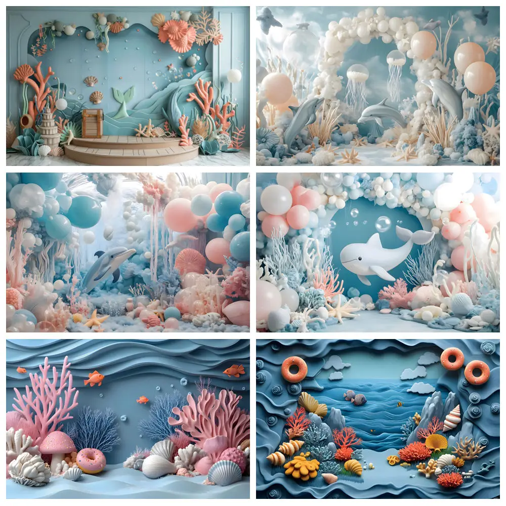 Fantasy Underwater World Photography Backdrop 3D Balloon Whale Jellyfish Sea Princess Baby Birthday Party Photo Background Decor