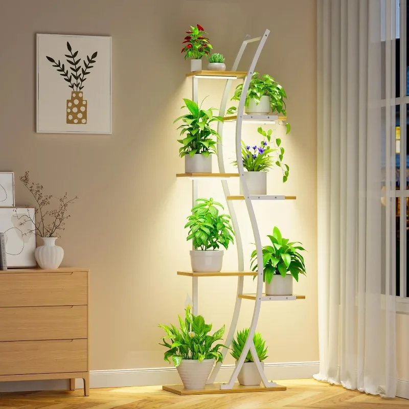 Support pour plantes de 62 pouces de haut avec lumière de croissance intérieure, étagère pour plantes blanches à 7 niveaux pour plantes d'intérieur, présentoir pour fleurs d'angle incurvé