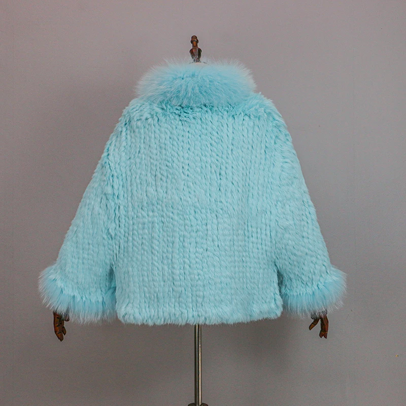 New Extra Long Real Genuine Natural Knitted Rabbit Fur Shawl Coat with Fox Fur Collar Women's Fashion Knit Jacket Cape