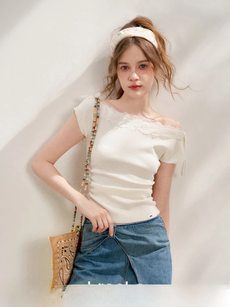 

Топ с кружевной отделкой и плиссировкой на одно плечо, облегающий, вязаный, с коротким рукавом, повседневный, однотонный, из смеси полиэстера и вискозы