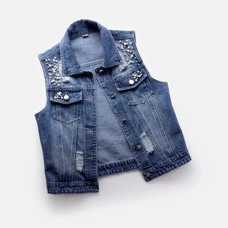 Denim Women Vest Luxury Pearls Fashion Ripped Autumn Plus Size Jeans Jacket Sleeveless Loose Short Coat Causal Waistcoats