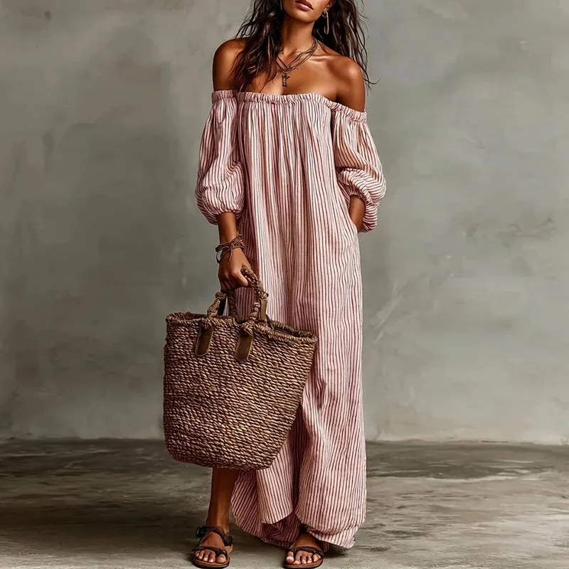 Spring Summer Beach Vacation Maxi Dress Woman Sexy Off Shoulder Puff Sleeve Lon… - Image 4