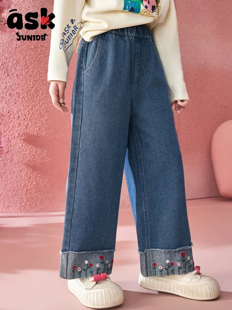 ASK جونيور توين بنات ربيع القدم التشفيه المطرزة الرجعية غسلها الجينز #3