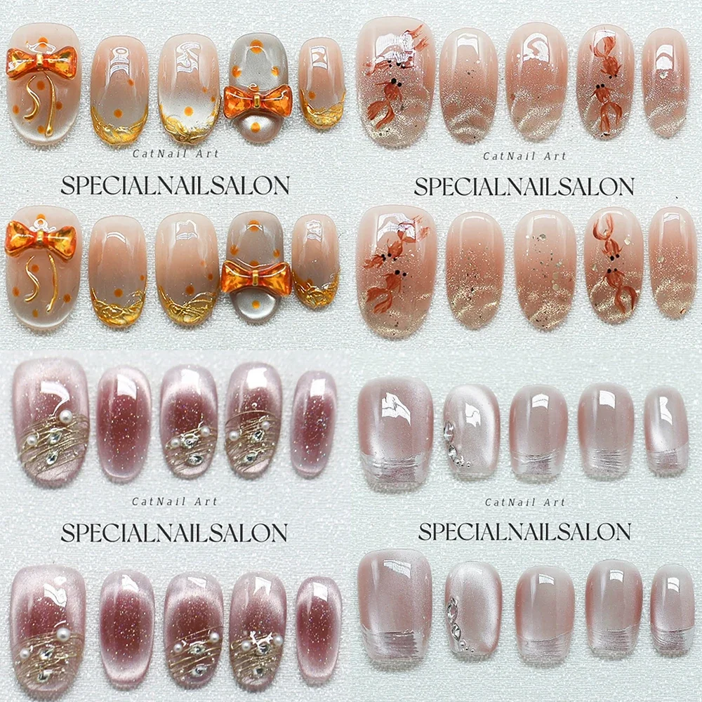 10Pcs Shiny Cat Eyes Handmade Hot Sell Press On Nails Kawaii Gradients Pearl Bowknot Awake Lion Wearable Full Cover Acrylic Nail