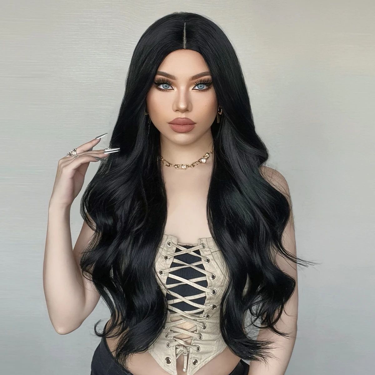 Black Long Body Wavy Synthetic Wigs Daily Dark Middle Part Wigs Cosplay Party for White Women Afro Natural Heat Resistant Hair