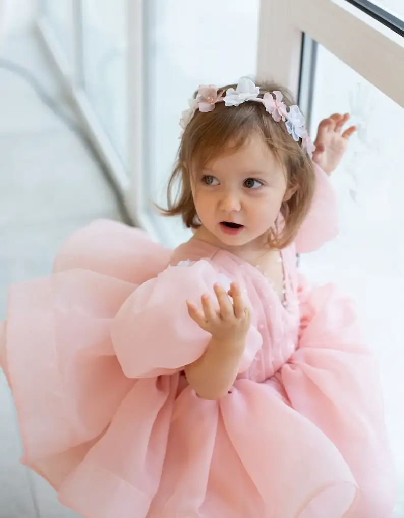 Blush Family Look Mother Daughter Matching Party Dress Handmade Flowers Soft Ruffled Sleeves Mommy and Me Dresses for Photoshoot