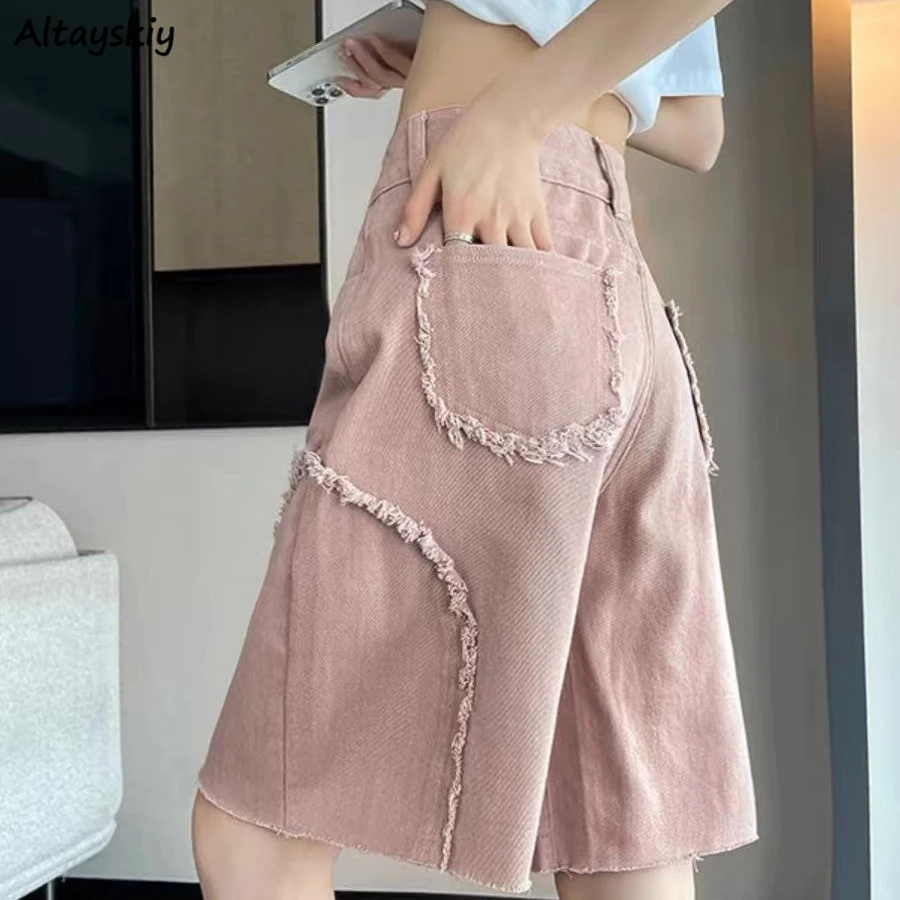 

Pink Denim Shorts Women Fur-lined Summer High Waist Baggy Wide Leg Korean Style Sweet Leisure Age-reducing Streetwear Daily BF