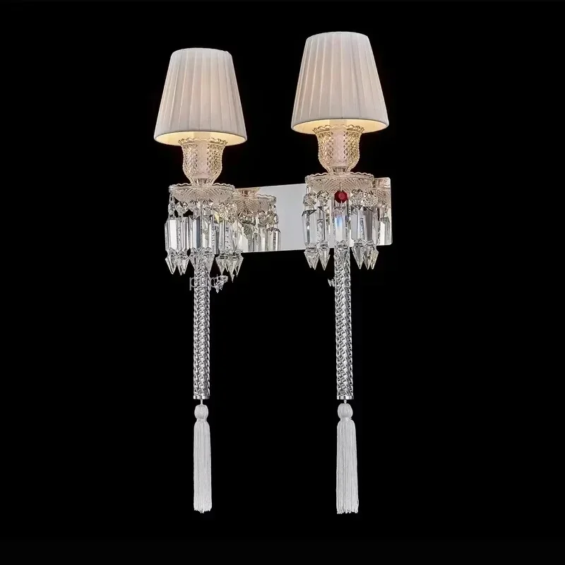 Luxury Crystal Wall Sconce Double Head Wall Lamp with Fabric Shade Tassel for Bedroom Bathroom Vanity Lighting