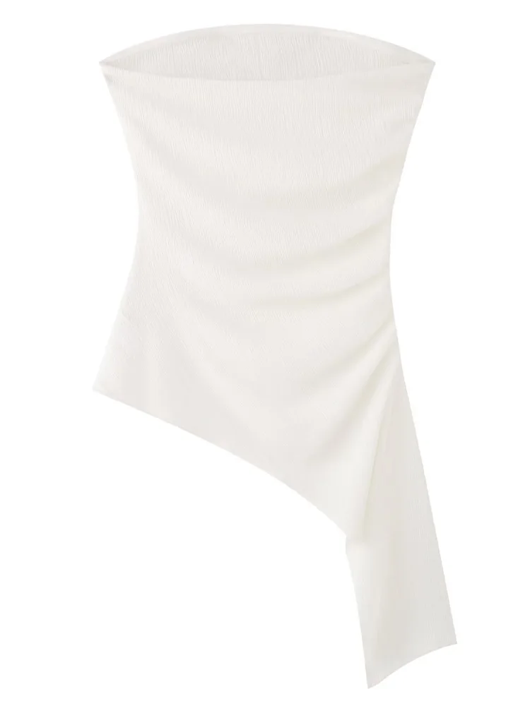 بلوزة HXAO للسيدات ذات ثنيات وكاميس باللون الأبيض قطع علوية ضيقة للسيدات بدون أكمام ورقبة رسن بلوزة أنبوبية