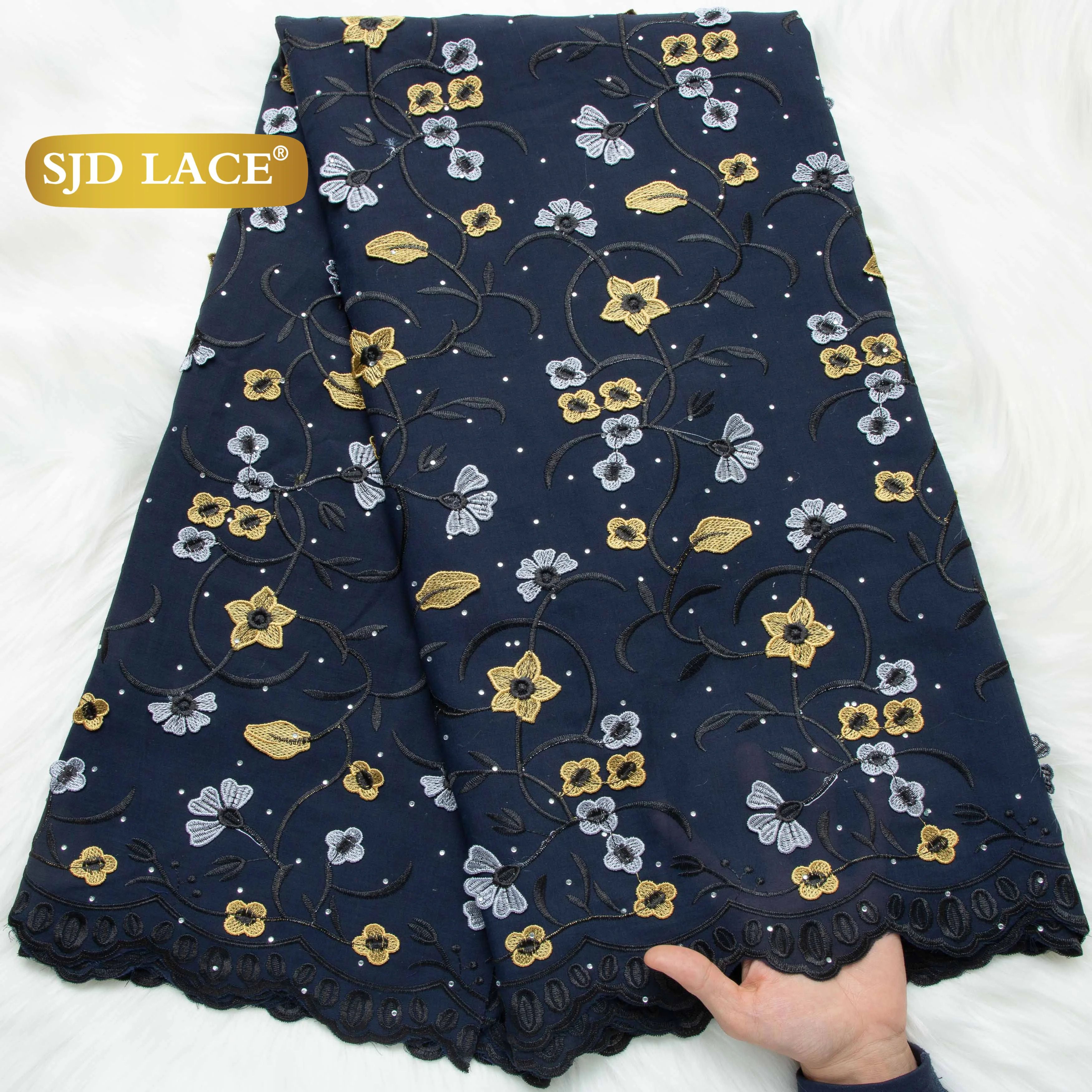 SJD LACE Cotton Lace Fabric Nigerian Embroidery Voile Lace High Quality 2025 Dubai Stones Cotton Lace for Women Party Dress 4040