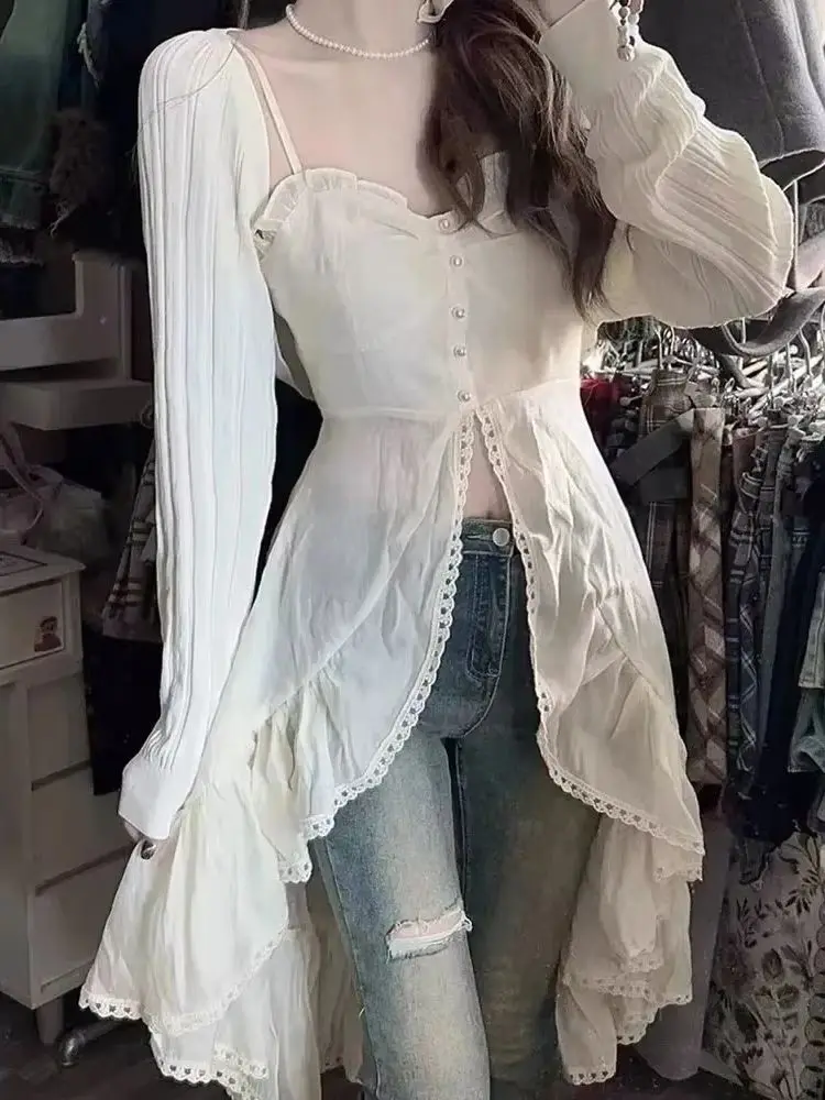 

Шифоновый модный женский комплект, комплект из 2 предметов, юбка, сексуальная юбка на бретелях + бежевый короткий топ в сложенном виде лесной девушки, простая летняя корейская мода