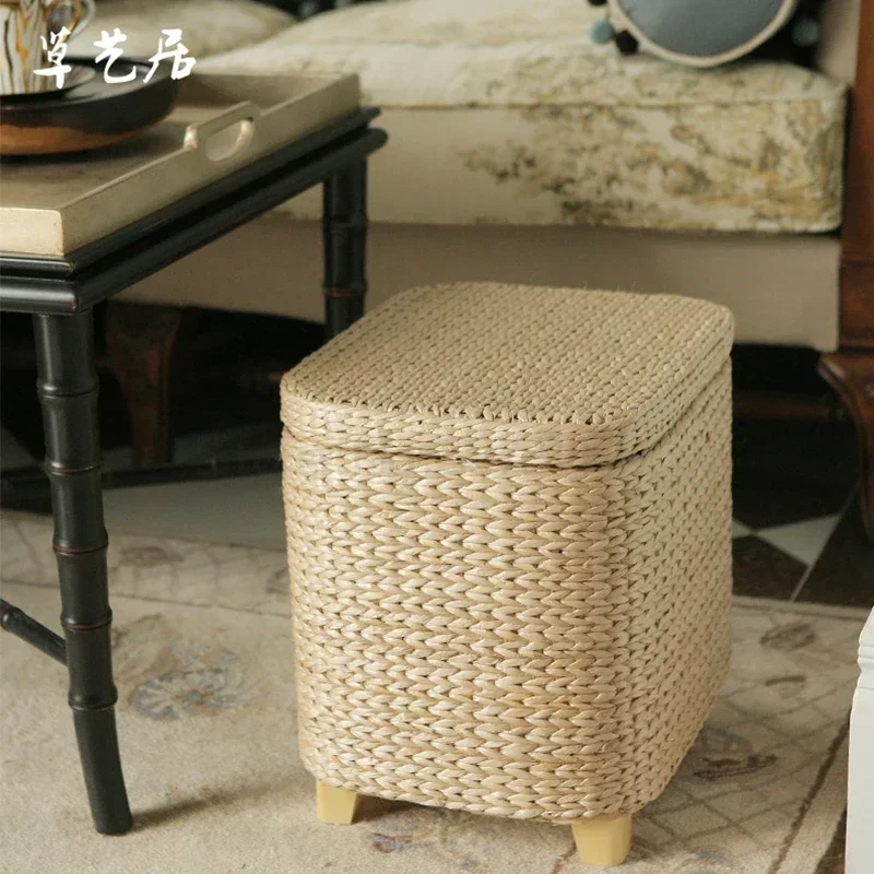 Solid Wood Rattan Storage Stool, Rattan Shoe Bench, Sofa Stool for Makeup
