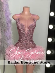 Cute Crystals Short Prom Dress 2026 Luxury For Black Girsl Diamond Bead Feathers Homecoming Gown Birthday Dress Customized