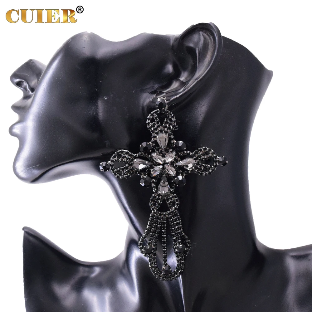 CUIER 9.7CM Exquisite Rhinestone Cross Drop Earring for Women Gift Jewelry Big Size Earrings fro Bridal