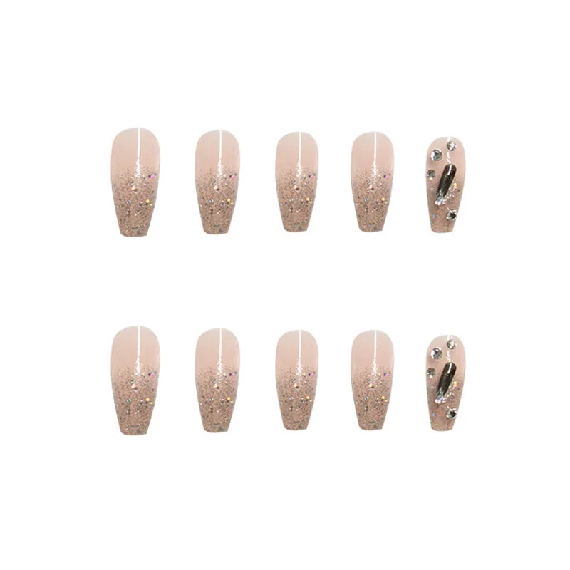 24個入り ロングスクエアプレスオンネイル - ミニマリストスタイル、グリッターチップとヌードベースに重ねられたラインストーン付き
