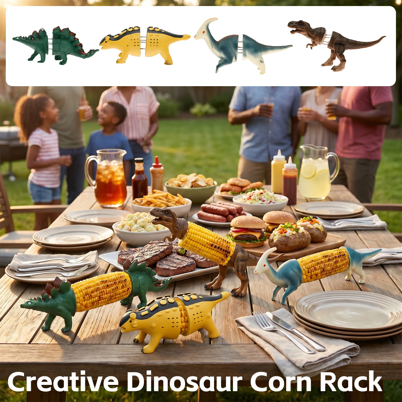 Creativity Cob Fork Holder Dinosaur Cob Grilled Sausage Holder with Stainless Steel Prong for BBQ Party Dining Food Accessories