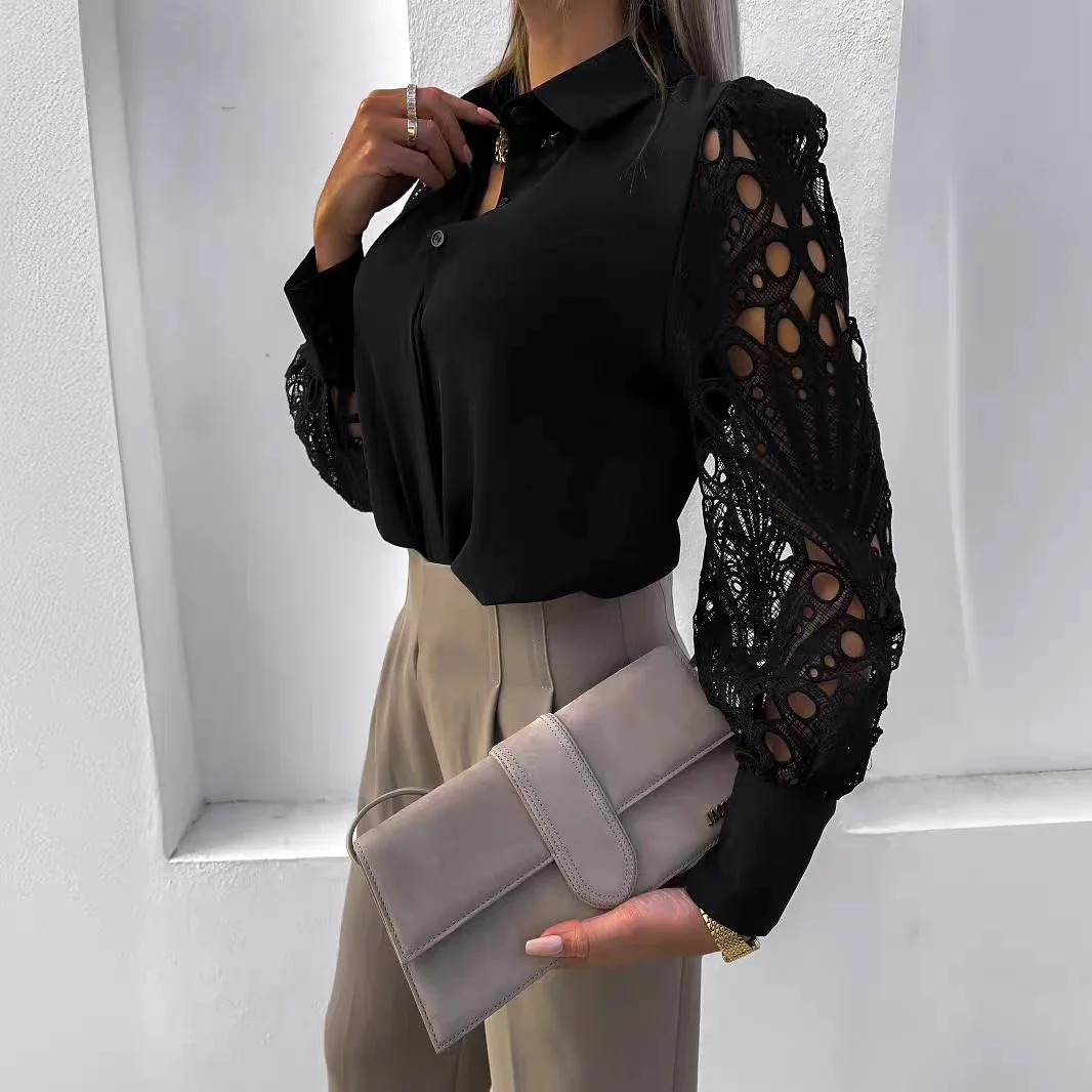 Amazon European And American Cross-Border Spring/Summer New Hot-Selling Women's Solid Color Lace Patchwork Blouse