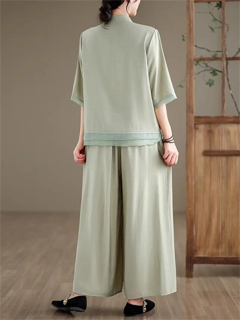 Premium Ramie Suit Set Women 2025 Summer - Loose Elegant Temperament Embroidered Blouse & Wide Leg Pants, Resort Collection G382