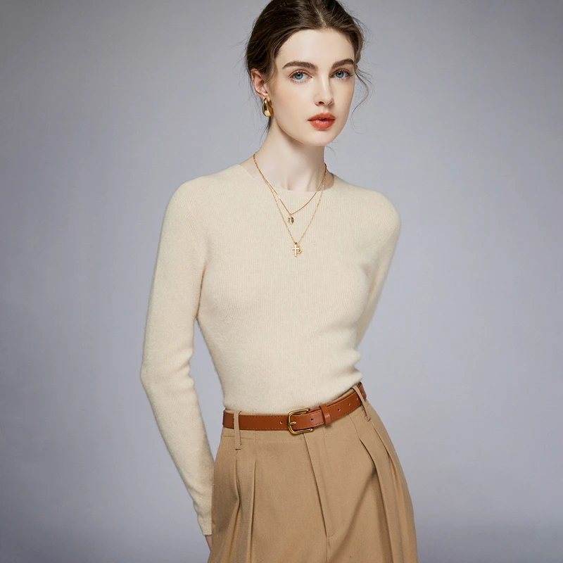 

Autumn/Winter Women's 100% Cashmere Sweater Casual Solid Color Round Neck Hoodie Knitted Tops Slimming and Slimming Basic Jumper