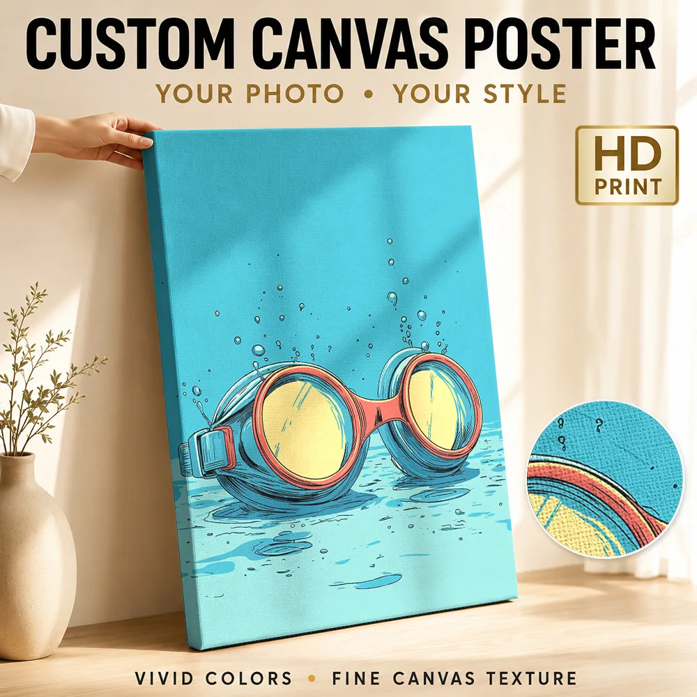 Vintage Goggles in Water Framed Canvas Print Poster Personalized Photo Sports Portrait Wall Art for Office Decor Ready to Hang
