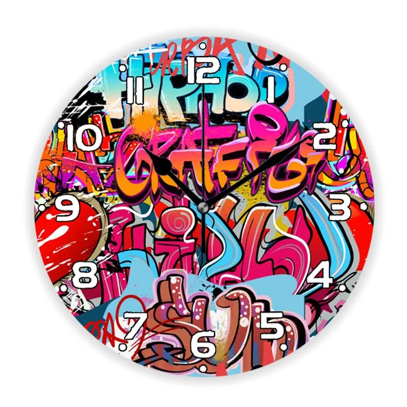 Grunge Street Graffiti Art Large Wall Clock for Living Room Office Modern Hip Hop Spray Paint Round Wall Watch Home Decor Gift