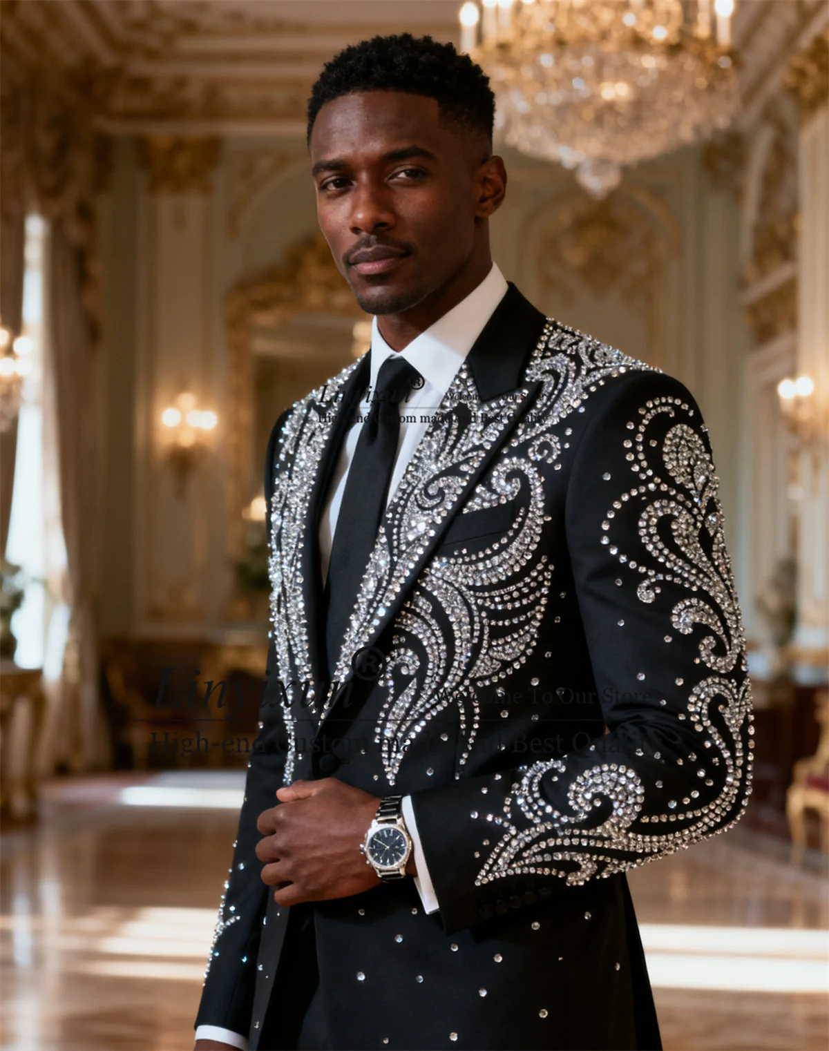 

Handsome Slim Fit Men Suits Groom 2 Pieces Sets Male Blazers High End Crystals Diamond Wedding Tuxedos Customized Ropa hombre