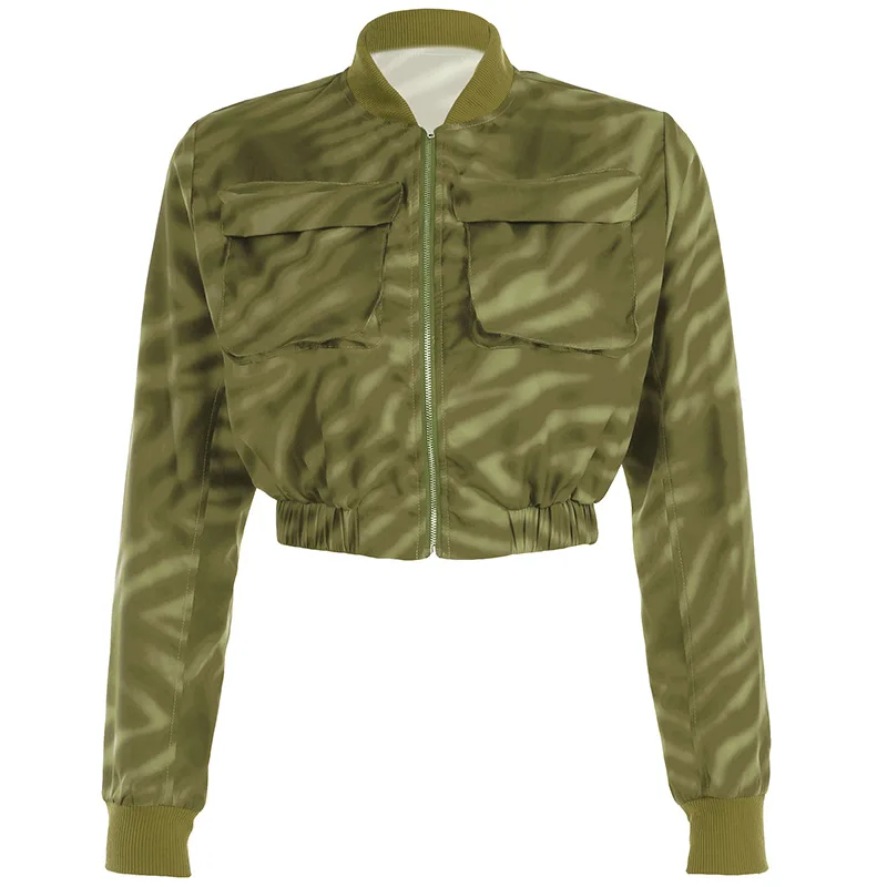 retro green striped printed workwear short section pocket jacket women