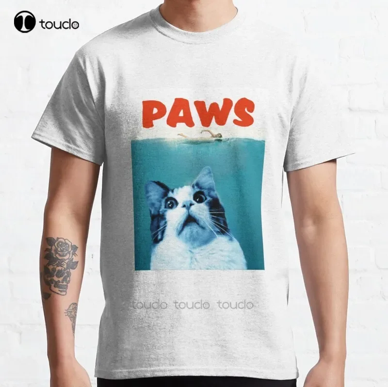 New Paws Classic Jaws Film Movie Cat Kitten Cute Shark Water Sea Swim Scar T-Shirt Cotton Men Tee Shirt Custom Gift Tee Shirt