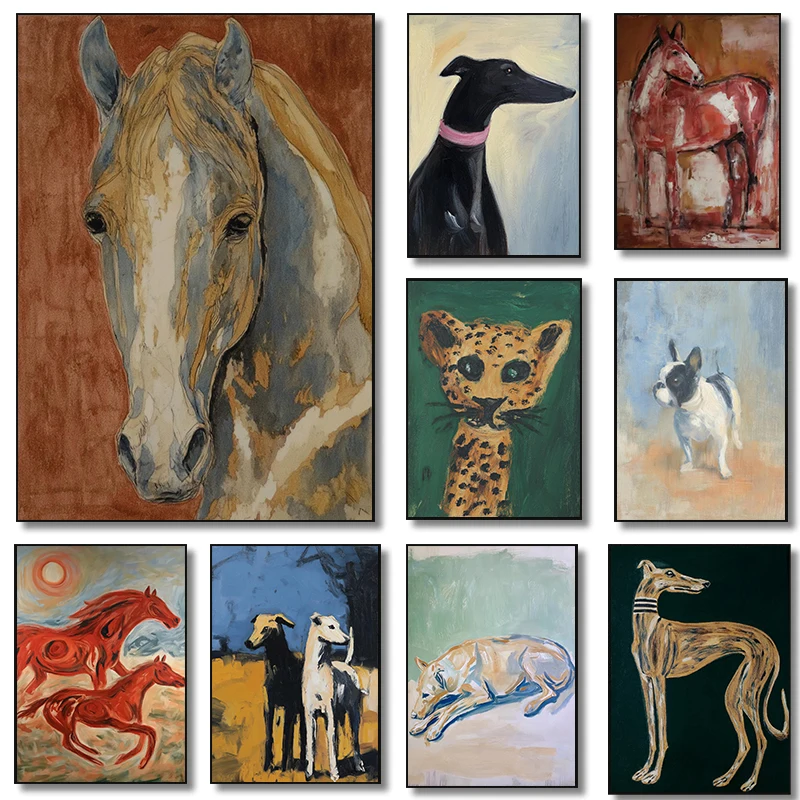 Playful Folk Leopard Brindle Greyhound Poster Scandi Style Mid-Century Modern Prints Canvas Wall Picture Home Living Room Decor