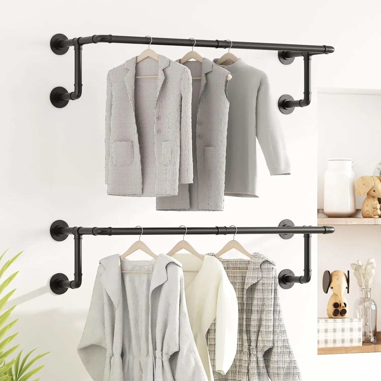 

2-Pack Black Wall Mounted Pipe Clothing Racks, Space Saving Hanging Rod for Laundry Room & Bedroom