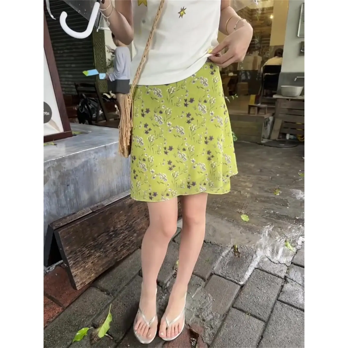 

2026 Summer Green Floral A-line Skirt Irregular Tie Design Slim Five Point Large Size Women Skirt