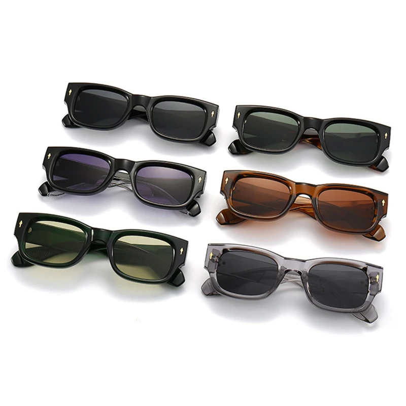 SO&EI Retro Square Punk Men Sunglasses Shades UV400 Dark Green Lens Eyewear Women Fashion Metal Rivets Sun Glasses