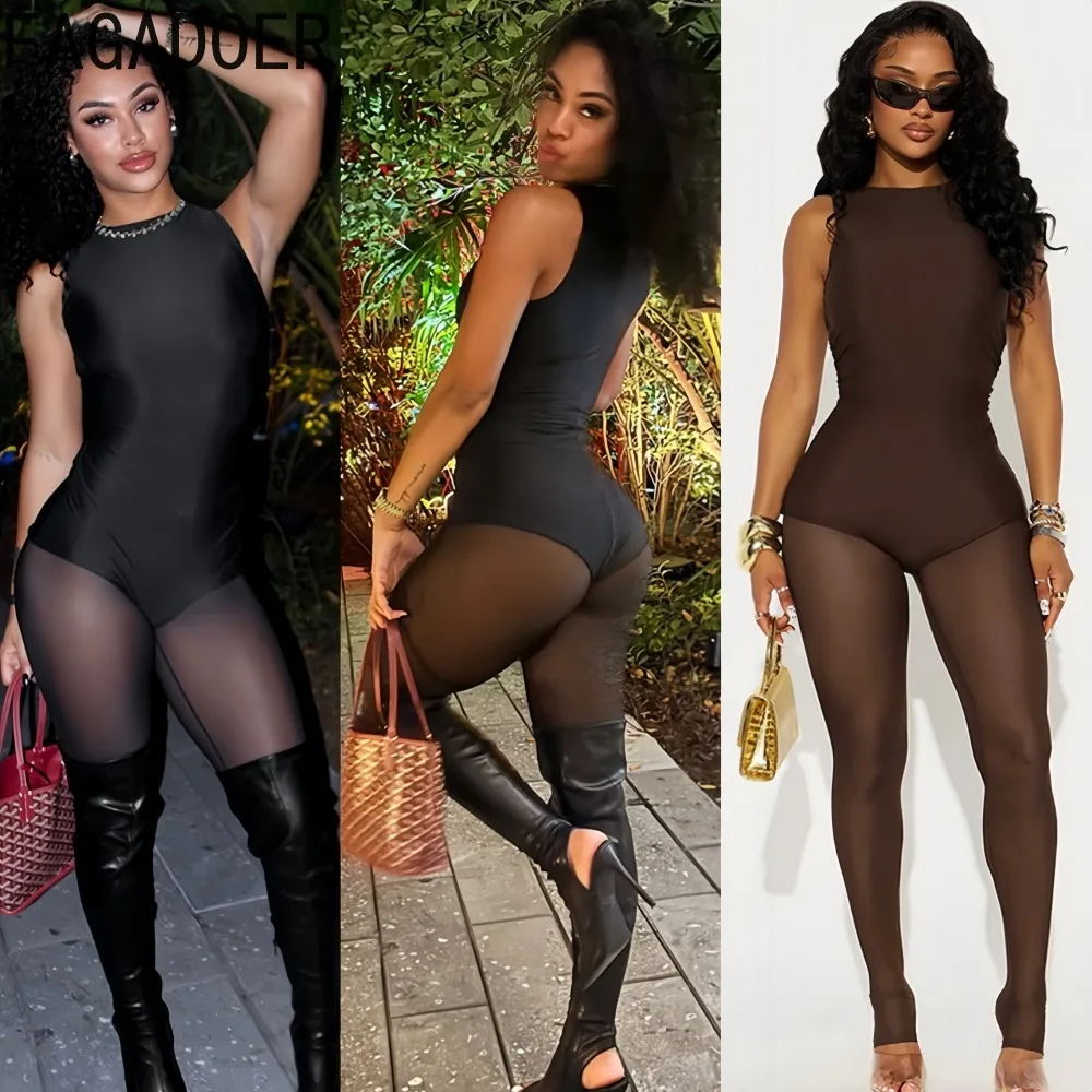 FAGADOER Sexy Mesh See Through Bodycon Jumpsuits Woman Solid Color Sleeveless One Piece Rompers Female Streetwear Overalls New