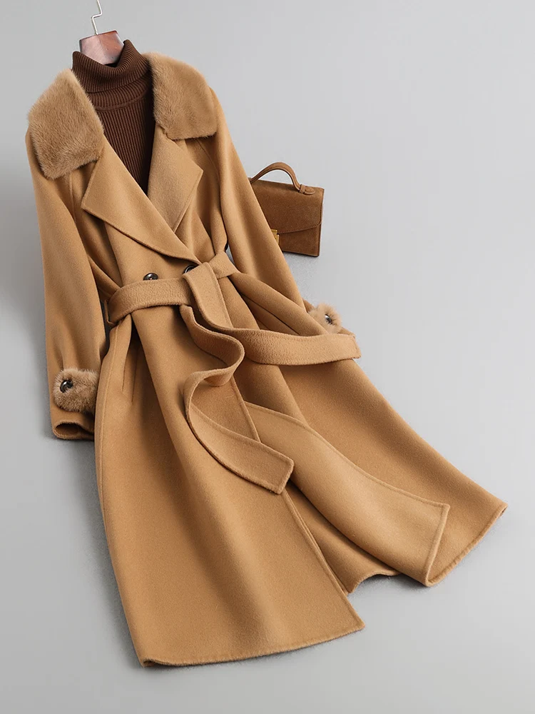 Camel colored double-sided cashmere coat, women's mid length 2024 new suit collar, high-end mink fur collar, woolen coat