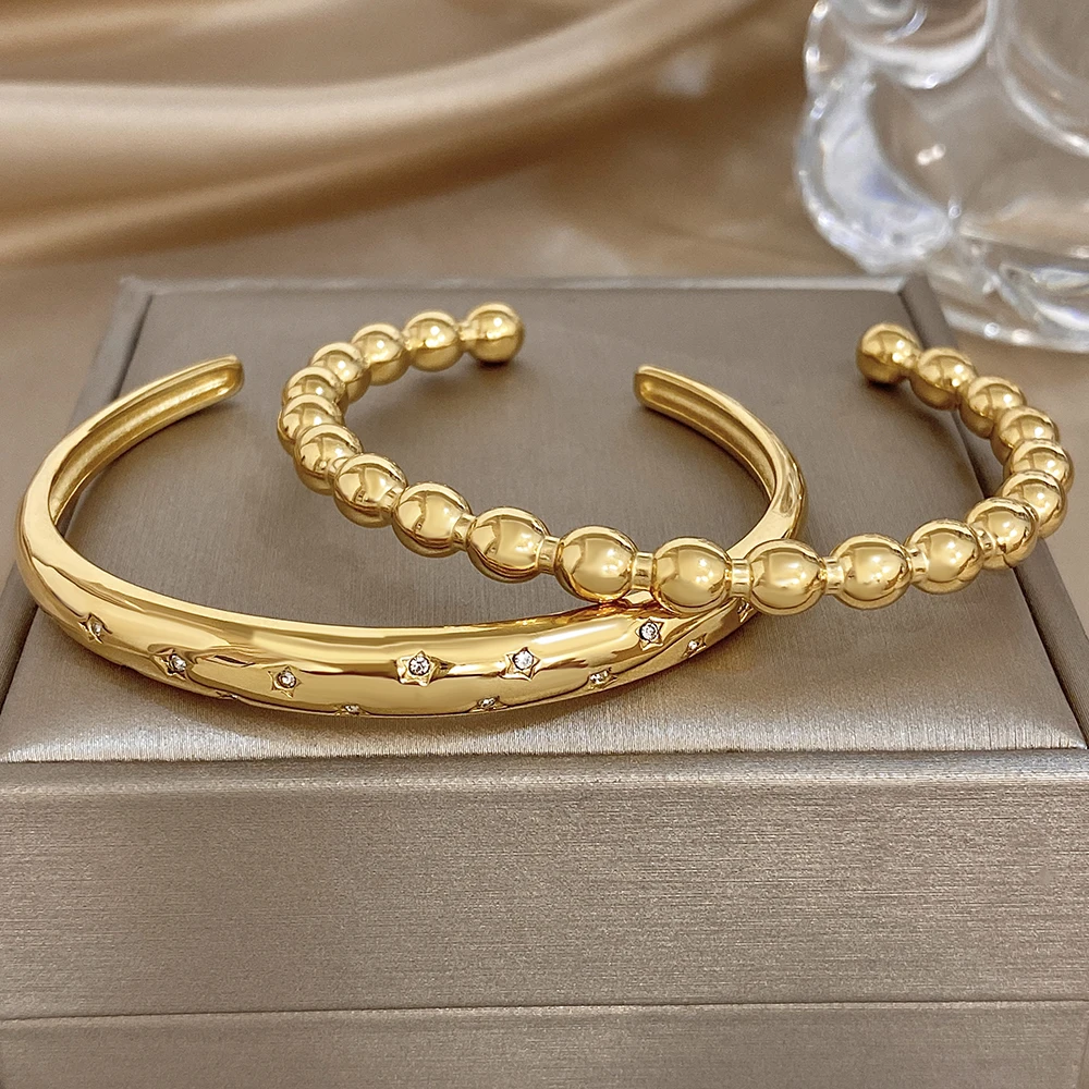 Minimalist Dainty Stackable Gold Plated Stainless Steel Open Bangle Set Round Bead Cuff Star Pave Crystal Bracelet For Ladies