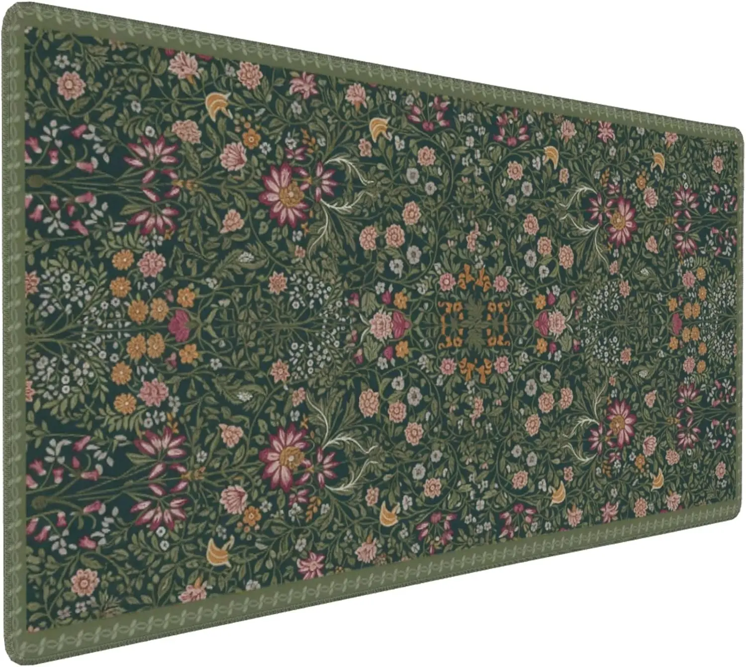 

Extra Large Dark Green Floral Desk Mat, Non-Slip Base, Stitched Edges, 35.4x15.7 Inch