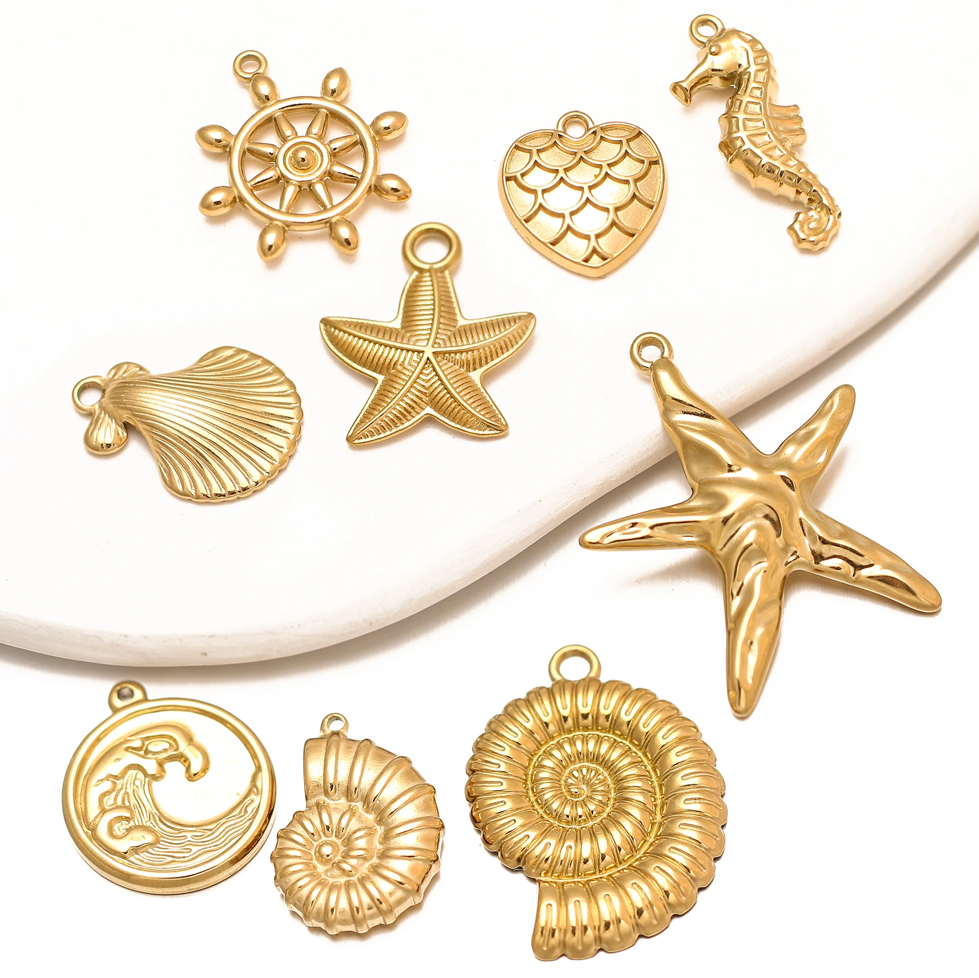 3Pcs/Lot Marine Pendants Stainless Steel Rudder Helm/Heart/Starfish/Shell/Sea Turtle Charms DIY Necklace Bracelet Jewelry Making