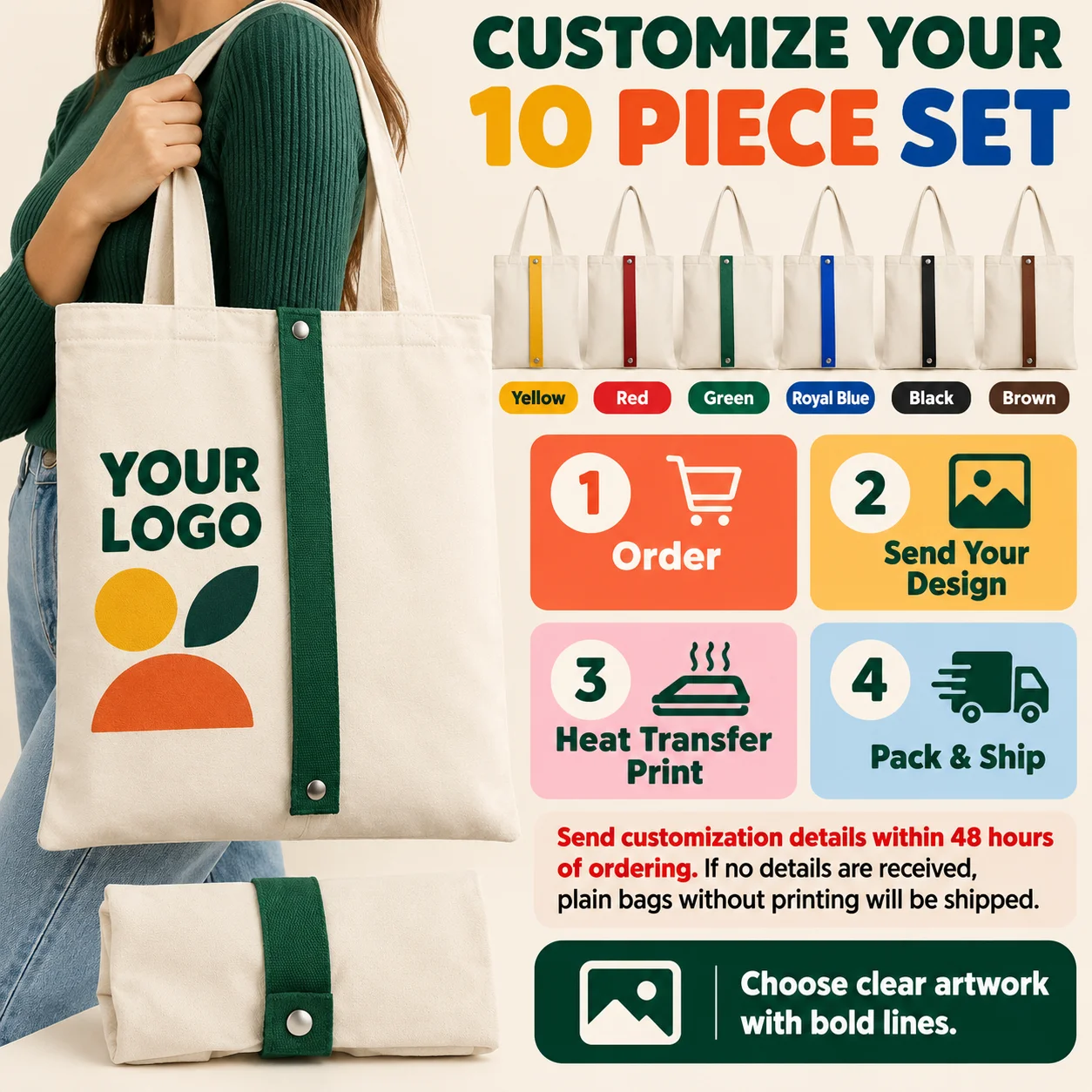 10pcs Custom Foldable Canvas Totes With Color Straps Personalized Logo Reusable Shopping Bags For Business Event Christmas Gifts