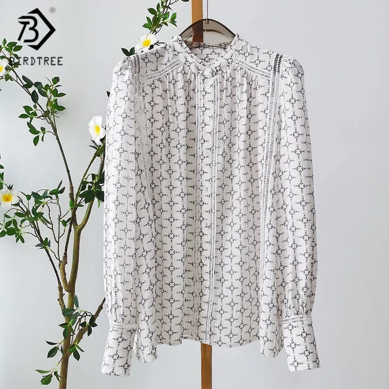 

Birdtree,18MM 100% Real Silk Hollow Blouse,Women's Sand Wash Double Crepe Print Shirts,Full Sleeve Tops,2025 New Shirt T5D316JF