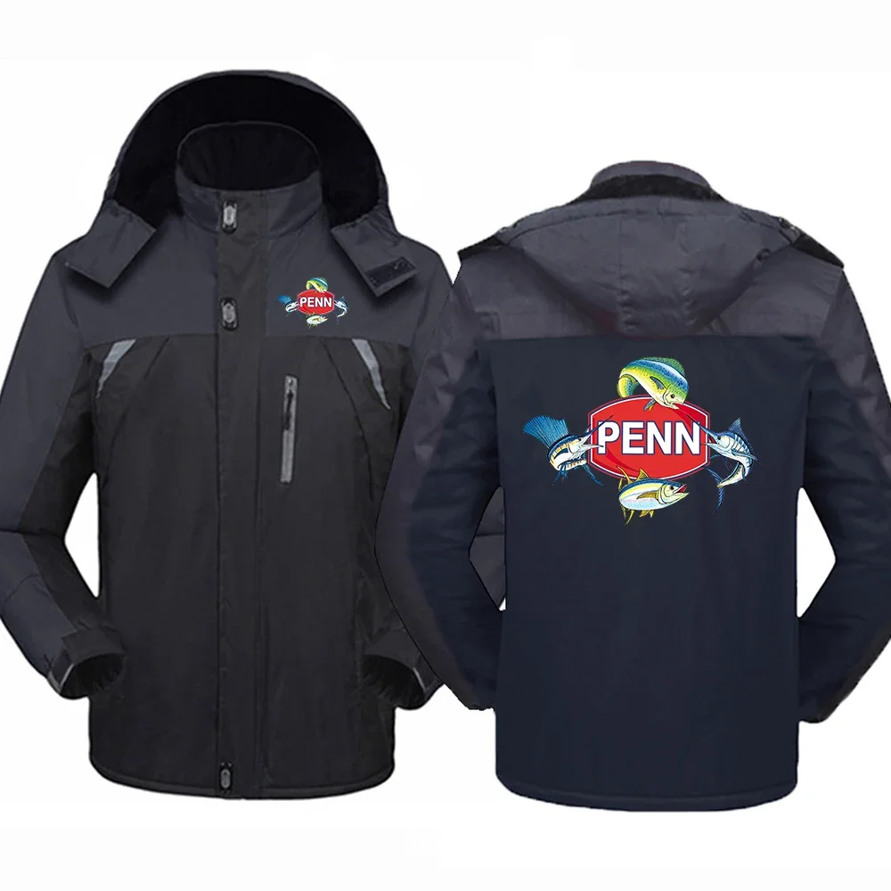 

2024 Autumn Winter Men's Penn Fishing Reel Logo Print Popular Splicing Thickened Warm Detachable Hooded Design Windbreaker Coats