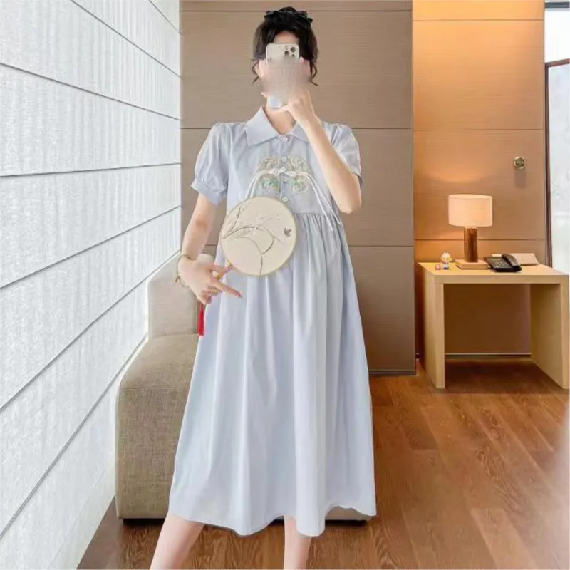 

Новое летнее дышащее платье для беременных, новое китайское вышитое платье для беременных, свободная юбка средней длины LJ337