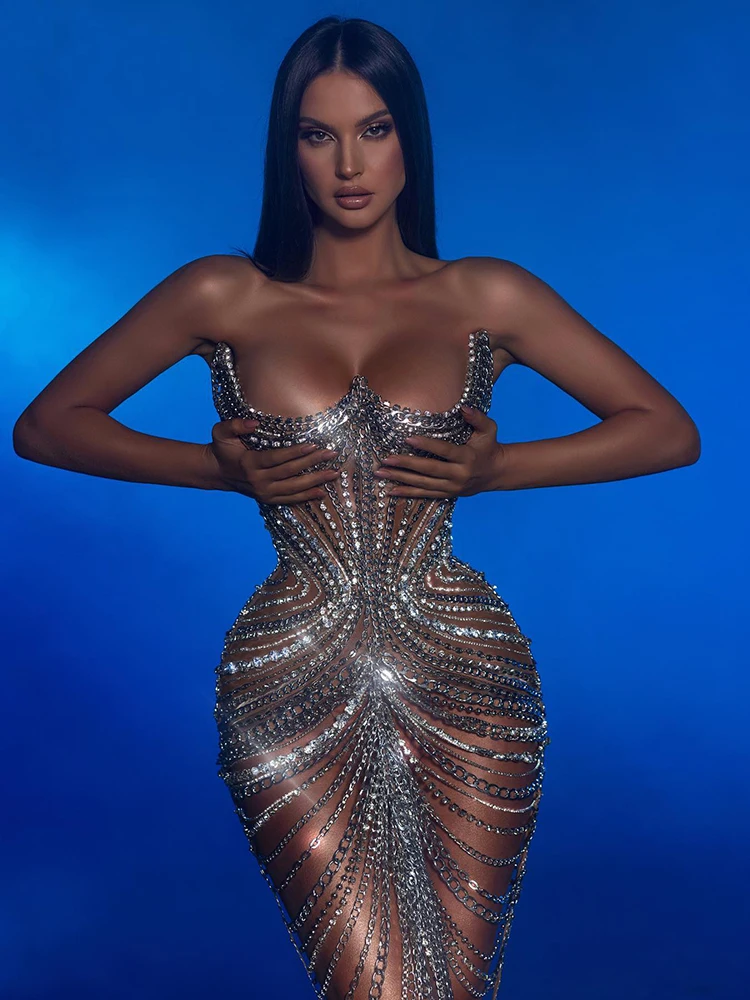 VC Avant-Garde Edge Metallic Chain - Embellished Strapless Backless Mini Dress for Party Gown
