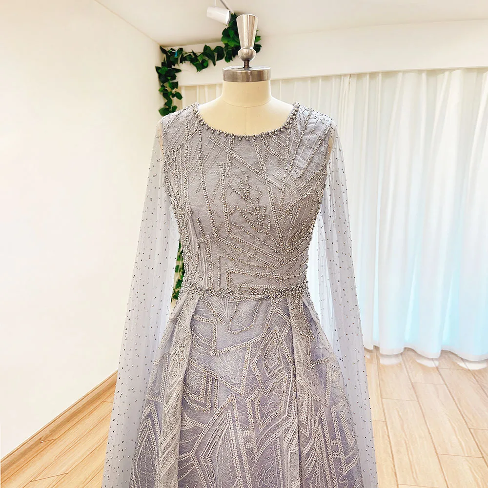 Luxury Dubai Sky Blue Arabic Lace Evening Prom Dress with Cape Sleeves 2024 Aline Formal Wedding Party Gown for Women Customized