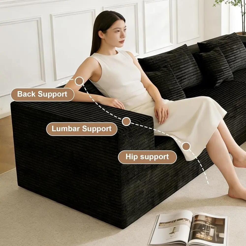 L-Shaped Deep Seated Cloud Couch with Corduroy Fabric and Memory Foam, Living/Bedroom Use, Ready to Use (Black) image 6
