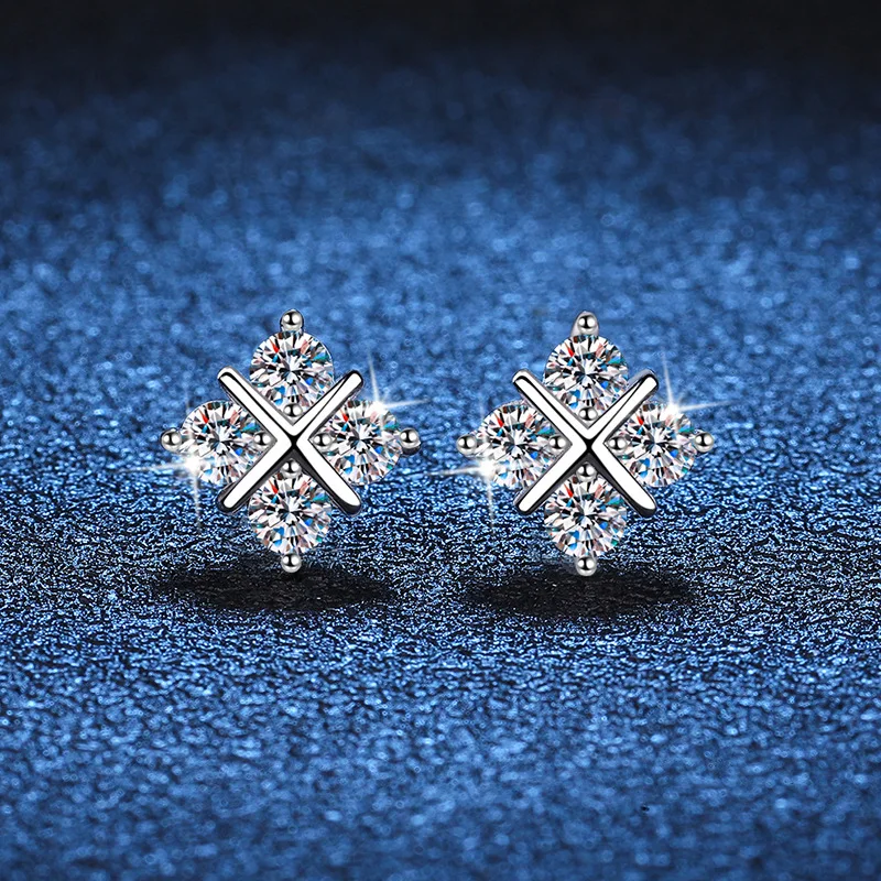 Cross Stud Earrings & Ring Set Women's PT950 Platinum 0.8Ct Moissanite - Intertwined lines, micro-shine, platinum shows gentle