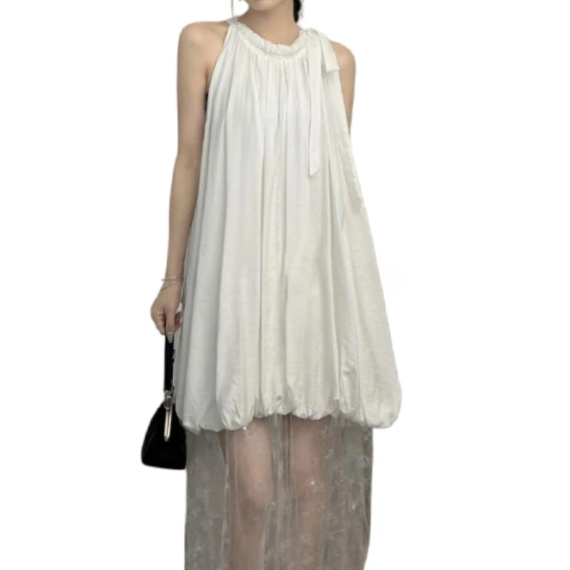 French Design Sleeveless White Temperament Summer Hanging Neck Mesh Stitching Women's Lantern Dress
