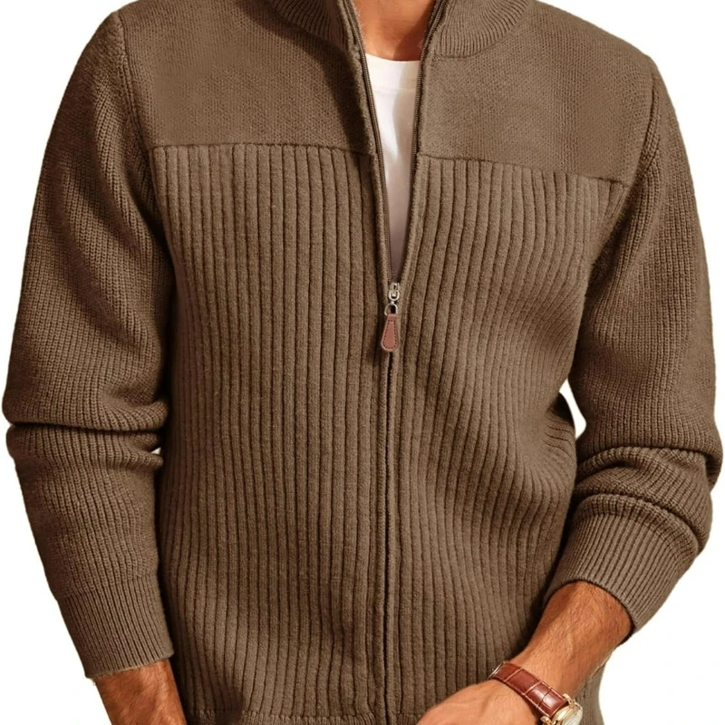 

Men's Full Zipper Cardigan Casual Stand Collar Cardigan Sweater Ribbed Knit Long Sleeve Sweater