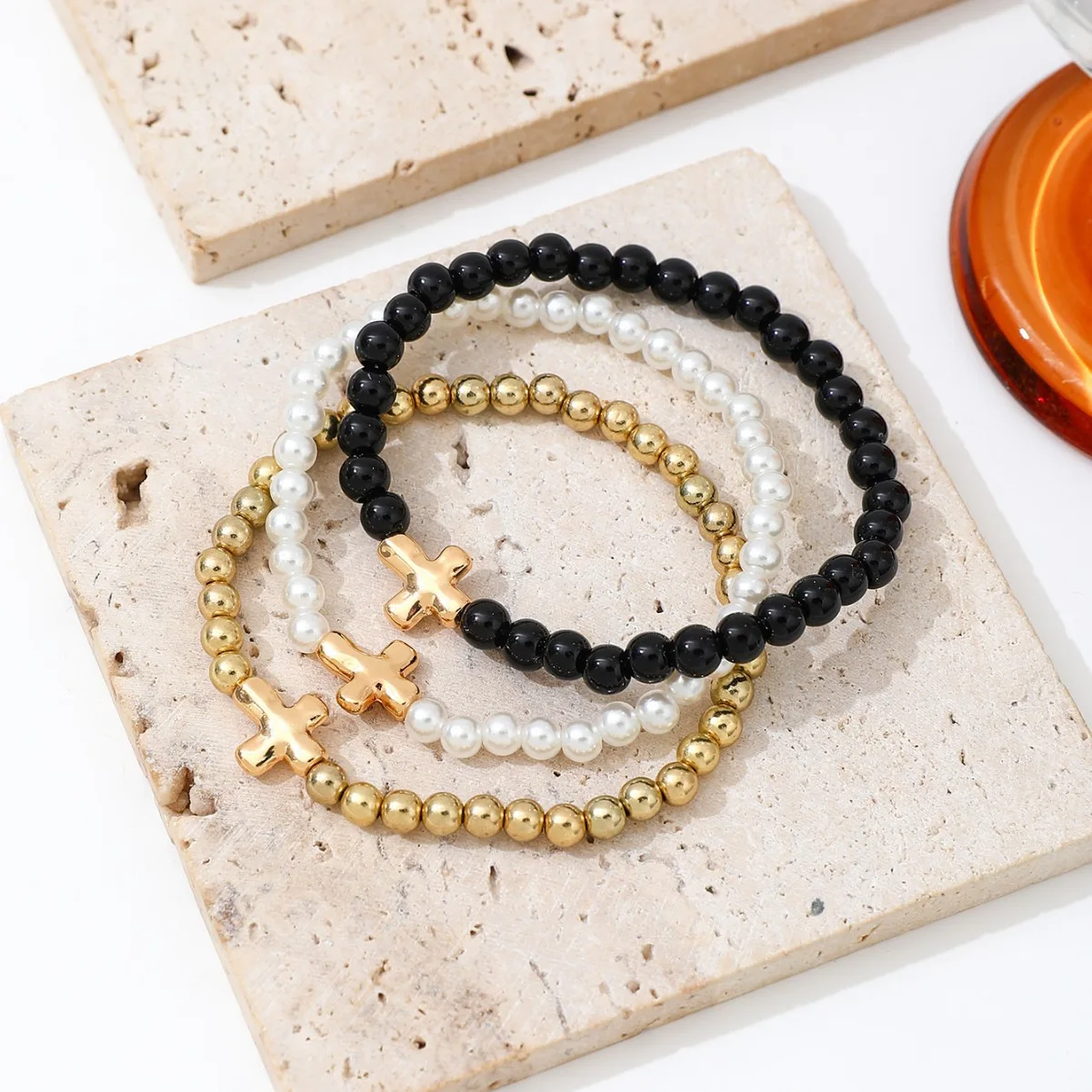 3pcs Set Fashion Imitation Pearl Simple Irregular Crucifix CCB Beaded Elastic Rope  Bracelet for Women Jewelry Accessory Gift